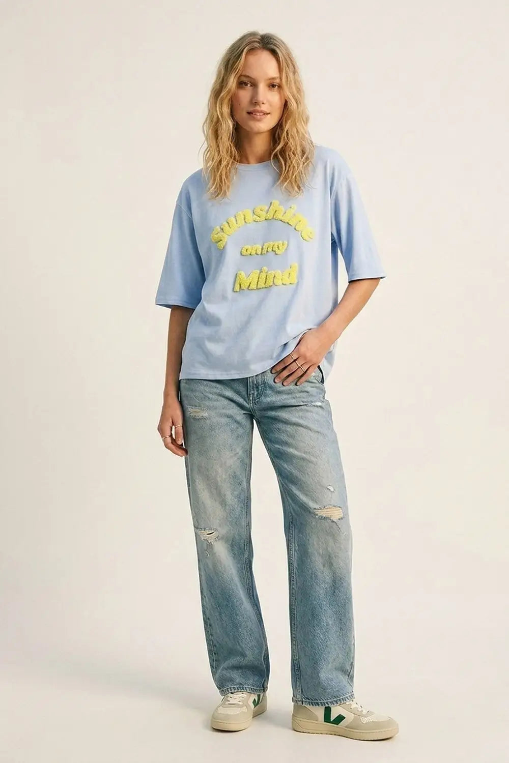 Light Blue Relaxed Fit Tee with Yellow Lettering - BLUE / ONE - T-Shirts