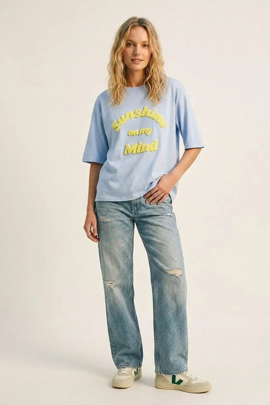 Light Blue Relaxed Fit Tee with Yellow Lettering - BLUE / ONE - T-Shirts