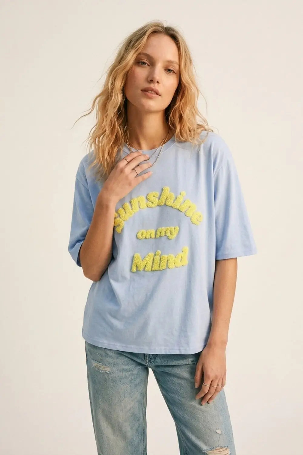 Light Blue Relaxed Fit Tee with Yellow Lettering - BLUE / ONE - T-Shirts