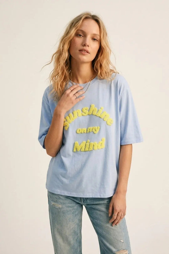 Light Blue Relaxed Fit Tee with Yellow Lettering - BLUE / ONE - T-Shirts
