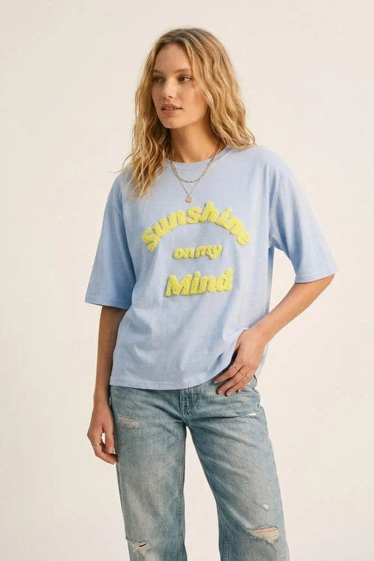 Light Blue Relaxed Fit Tee with Yellow Lettering - BLUE / ONE - T-Shirts