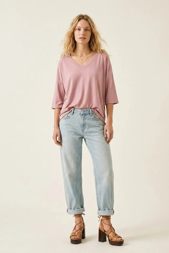 Dusty Rose V-Neck Relaxed Fit Top with 3/4 Sleeves - PINK / ONE - T-Shirts