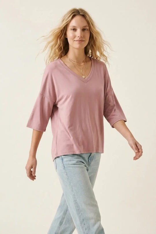 Dusty Rose V-Neck Relaxed Fit Top with 3/4 Sleeves - PINK / ONE - T-Shirts