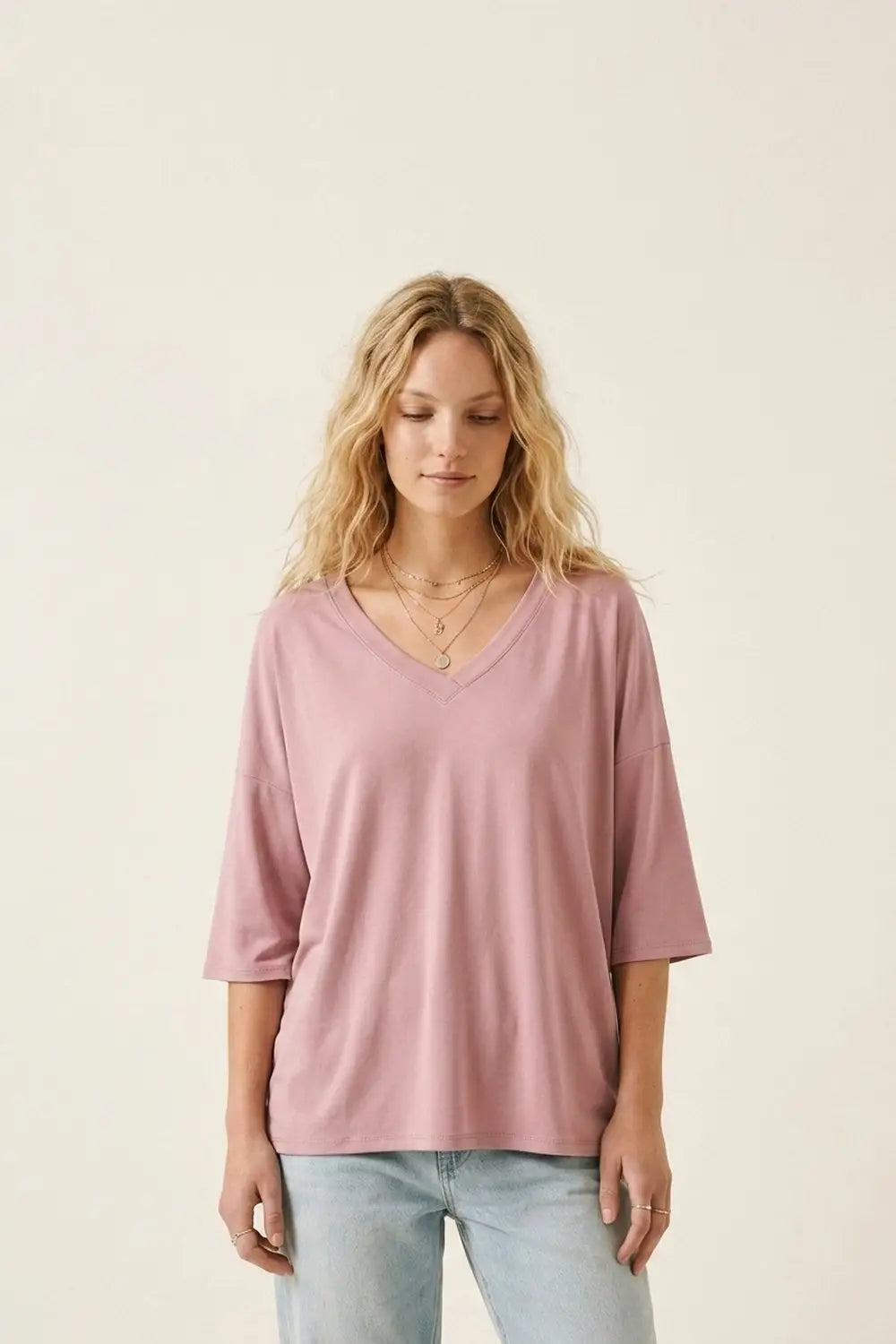 Dusty Rose V-Neck Relaxed Fit Top with 3/4 Sleeves - PINK / ONE - T-Shirts