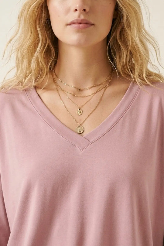 Dusty Rose V-Neck Relaxed Fit Top with 3/4 Sleeves - PINK / ONE - T-Shirts