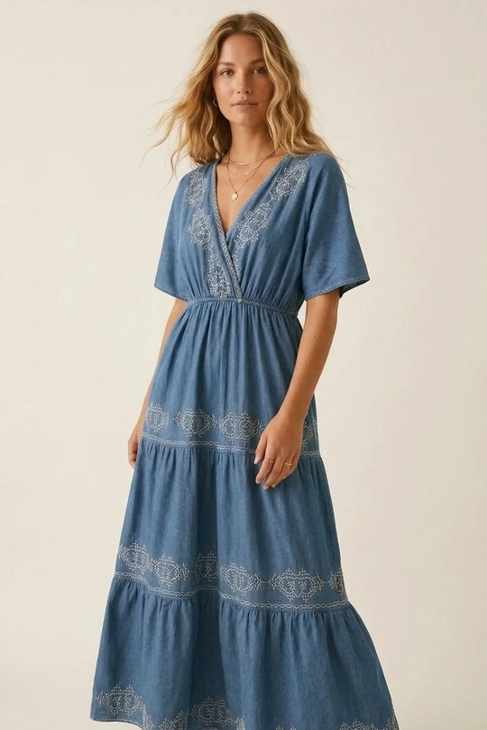 Blue Embroidered Maxi Dress with V-Neckline - Dresses
