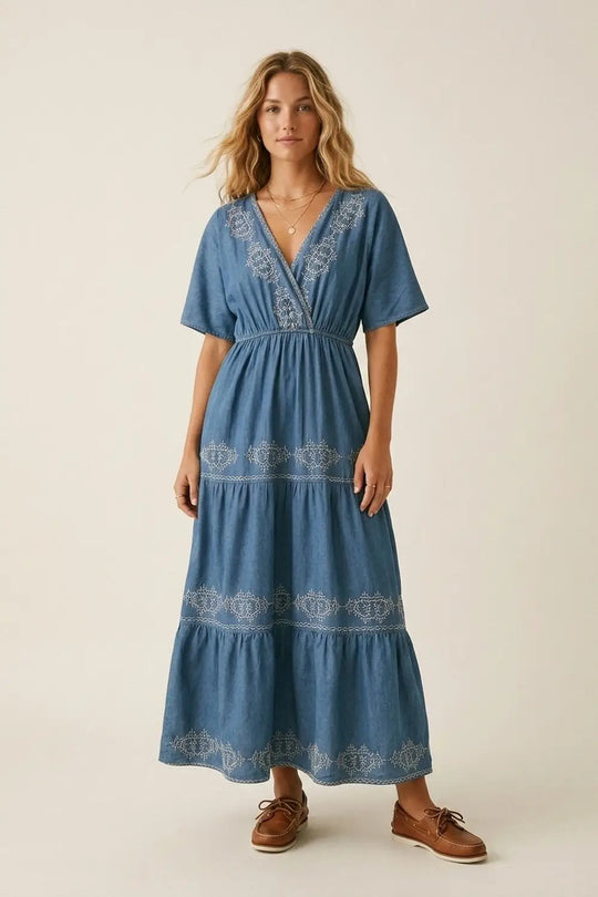 Blue Embroidered Maxi Dress with V-Neckline - Dresses