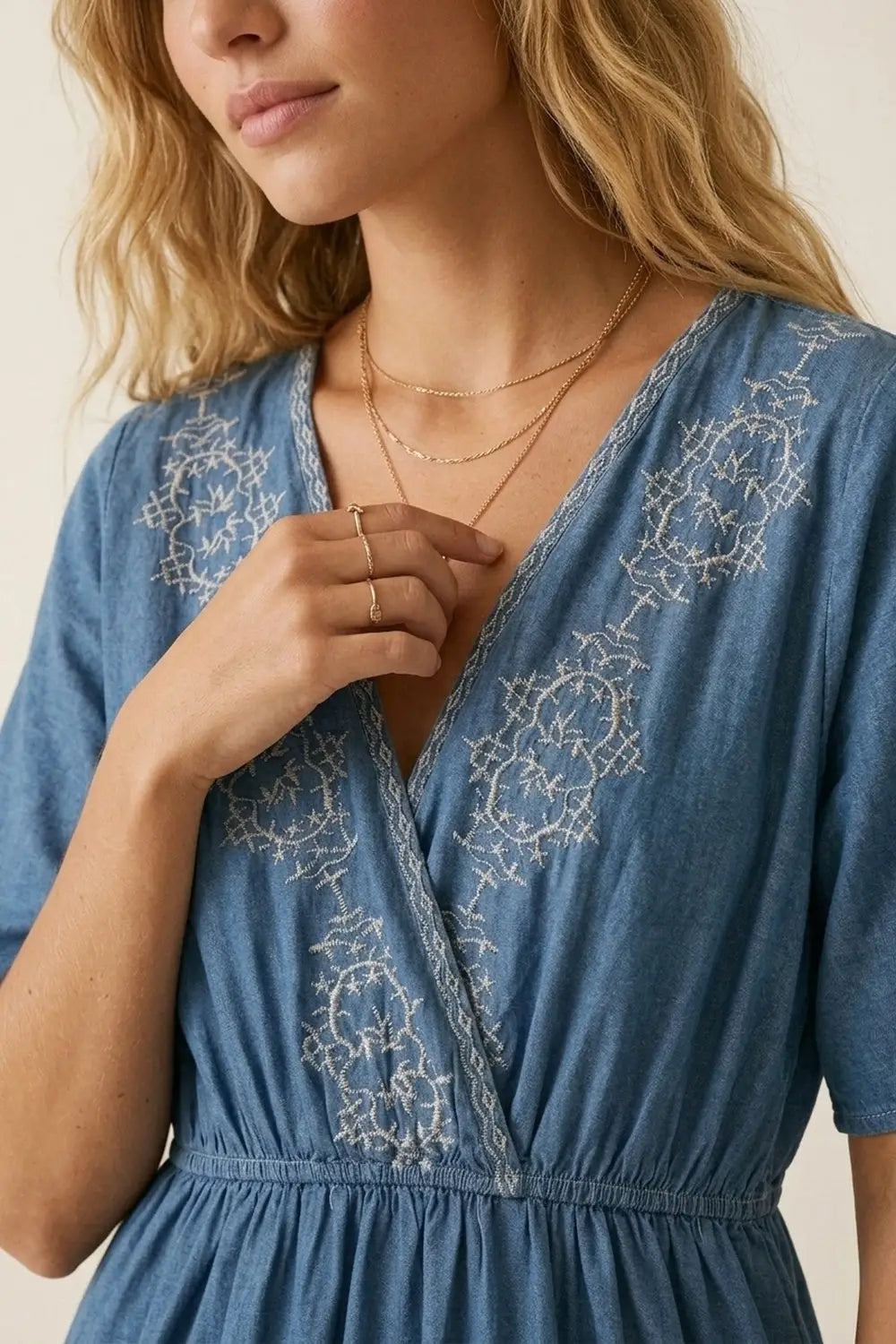 Blue Embroidered Maxi Dress with V-Neckline - Dresses