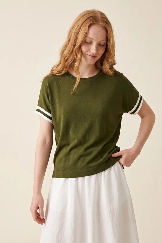 Olive Green fine Knited sweater with Striped Cuffs - KHAKI / ONE - Sweaters