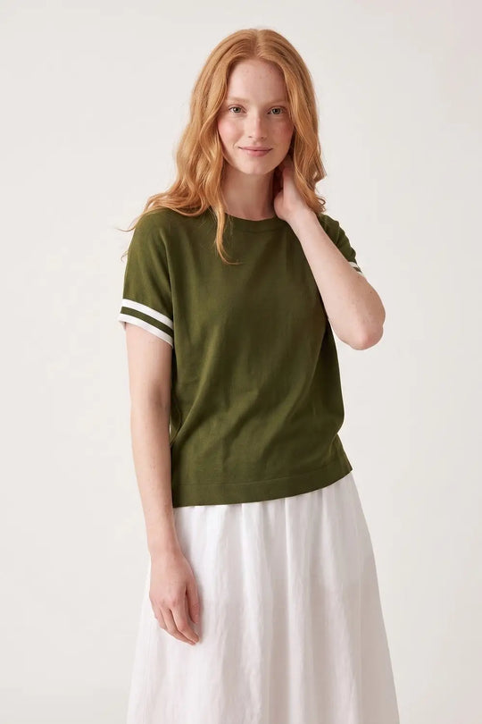 Olive Green fine Knited sweater with Striped Cuffs - KHAKI / ONE - Sweaters