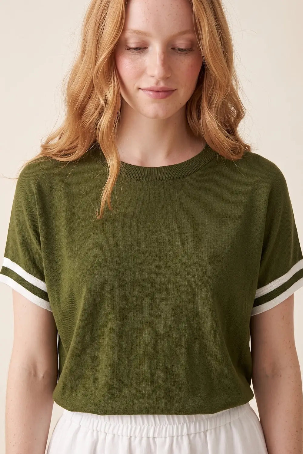 Olive Green fine Knited sweater with Striped Cuffs - KHAKI / ONE - Sweaters