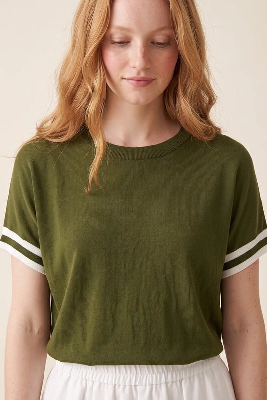Olive Green fine Knited sweater with Striped Cuffs - KHAKI / ONE - Sweaters