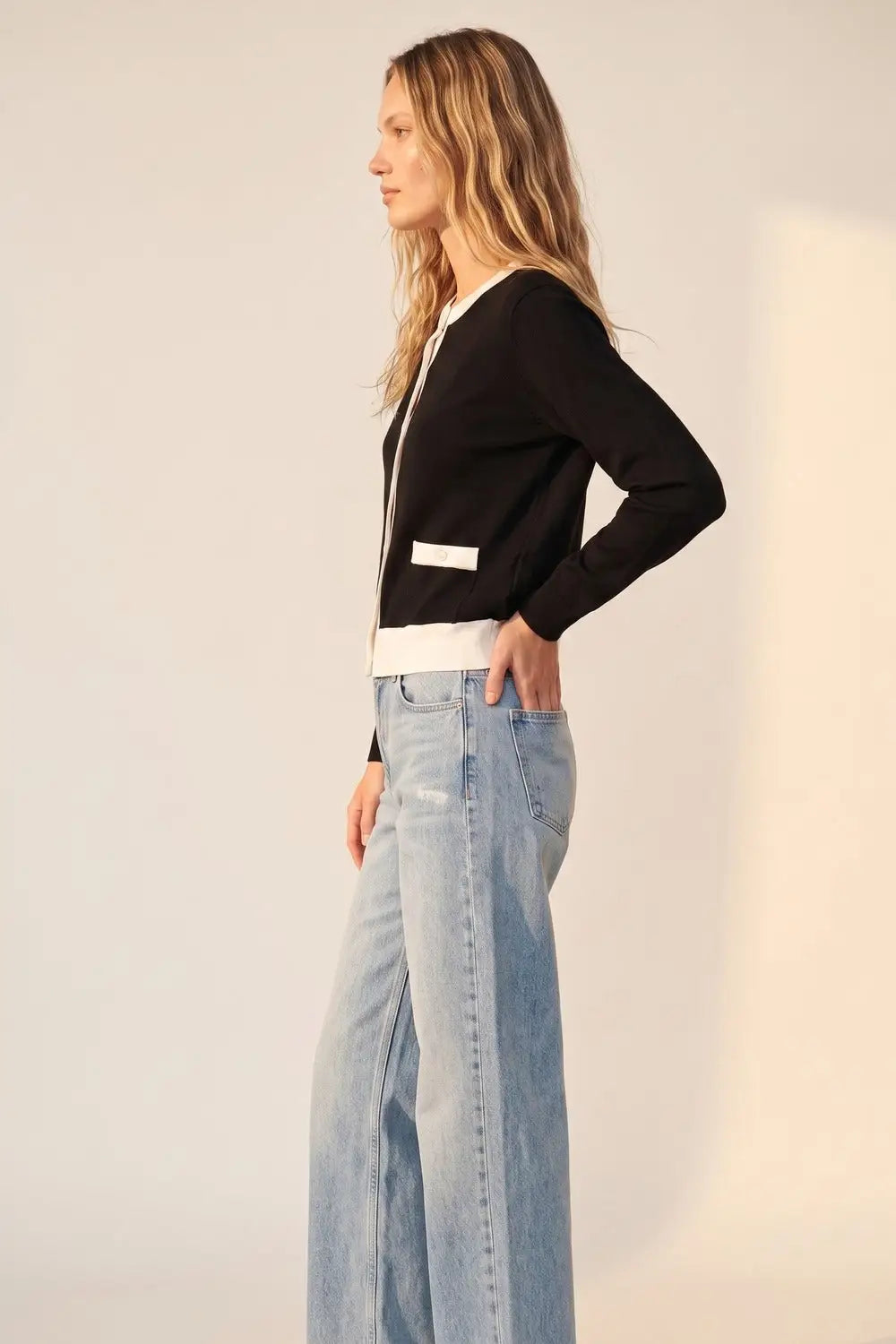 Fine Knit Contrast Trim Regular Fit Cardigan in black color - BLACK / ONE - Cardigans