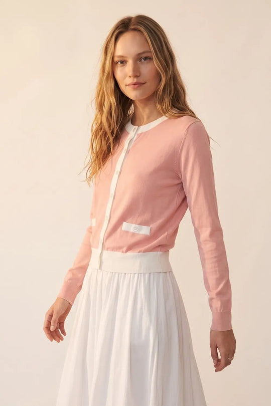 Fine Knit Contrast Trim Cardigan old pink color - PINK / ONE - Cardigans