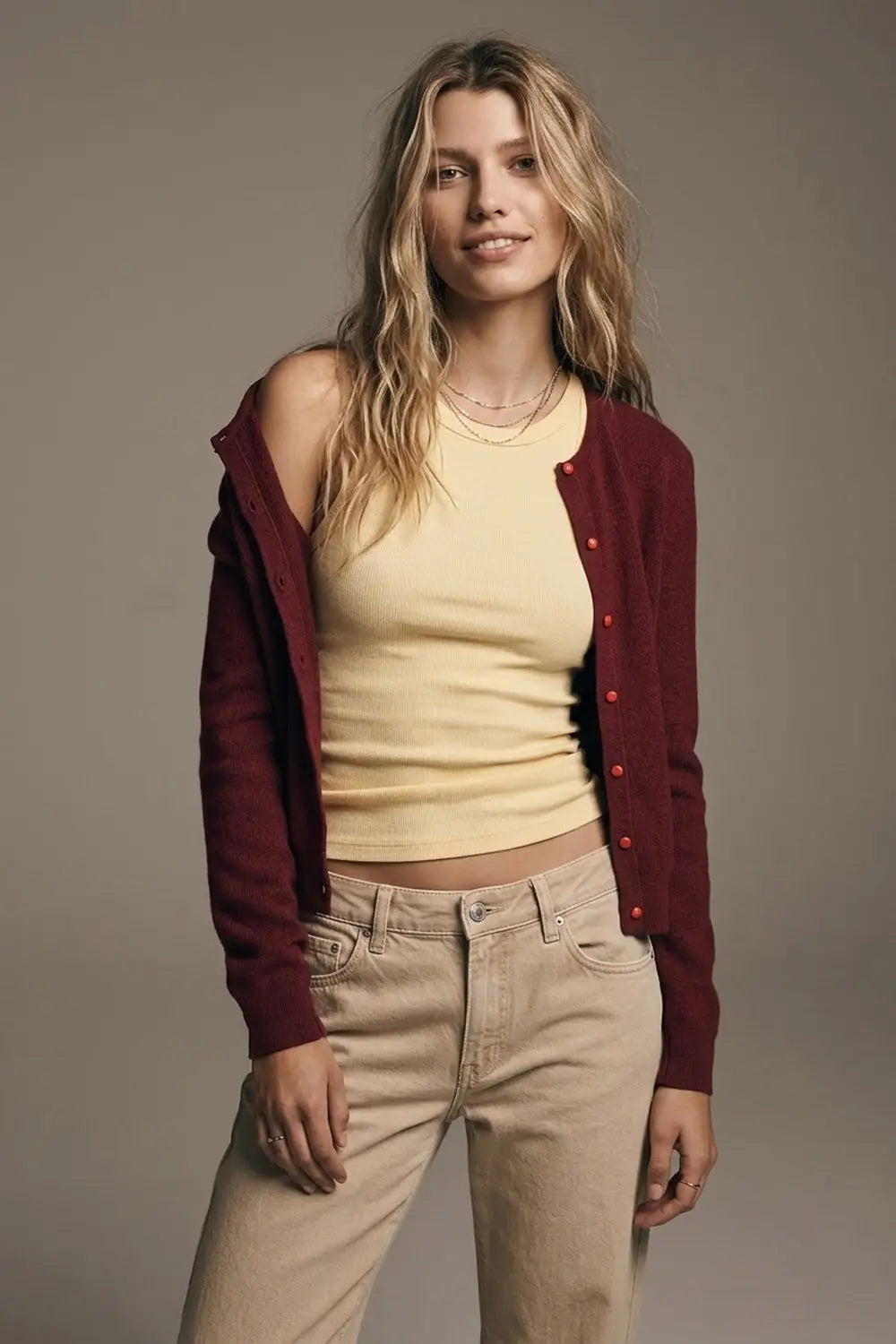 Burgundy Fine Knit Button Front Crew Neck Regular Fit Cardigan Sweater - MAROON / ONE - Cardigans