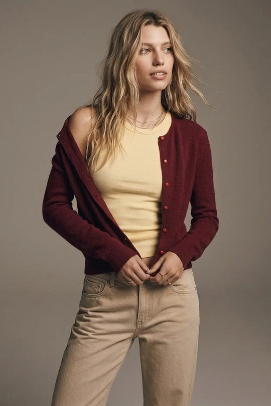 Burgundy Fine Knit Button Front Crew Neck Regular Fit Cardigan Sweater - MAROON / ONE - Cardigans