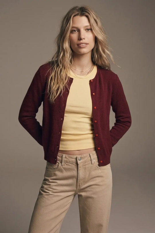 Burgundy Fine Knit Button Front Crew Neck Regular Fit Cardigan Sweater - MAROON / ONE - Cardigans