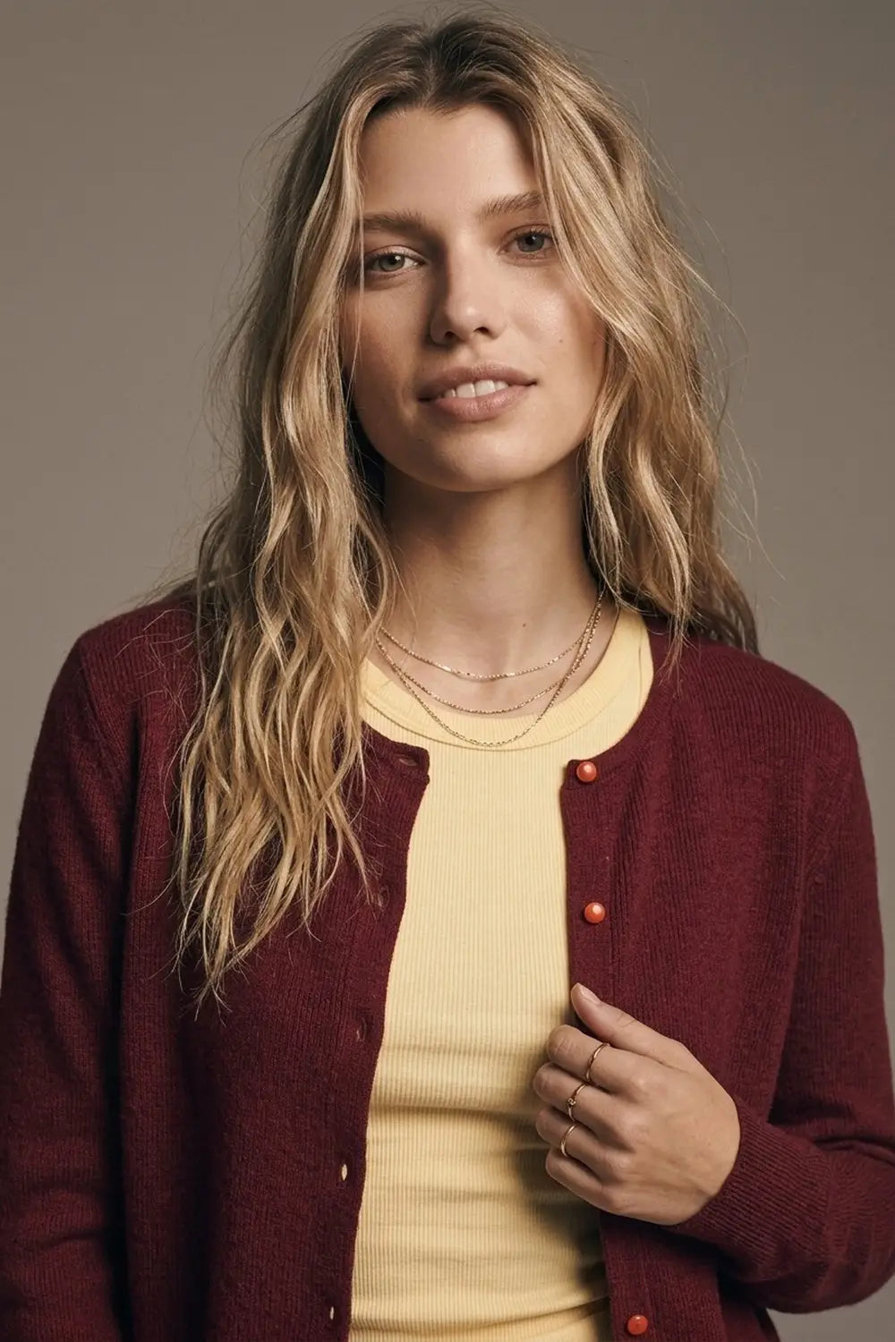 Burgundy Fine Knit Button Front Crew Neck Regular Fit Cardigan Sweater - MAROON / ONE - Cardigans