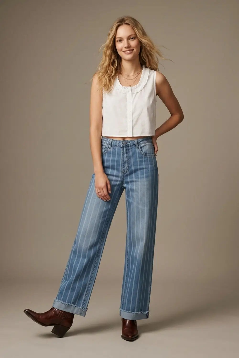 medium wash Blue Jeans with Stripe Design and Frayed Wide Leg