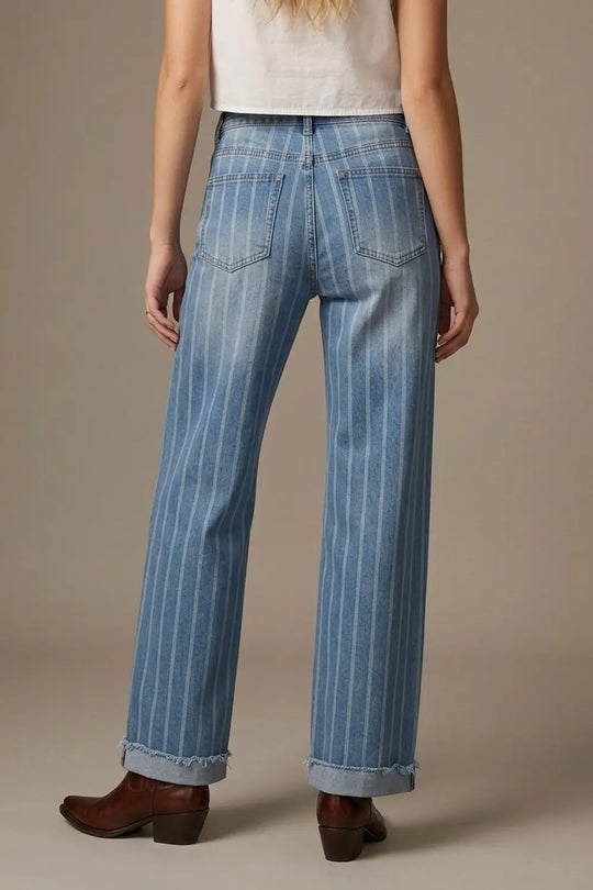 medium wash Blue Jeans with Stripe Design and Frayed Wide Leg