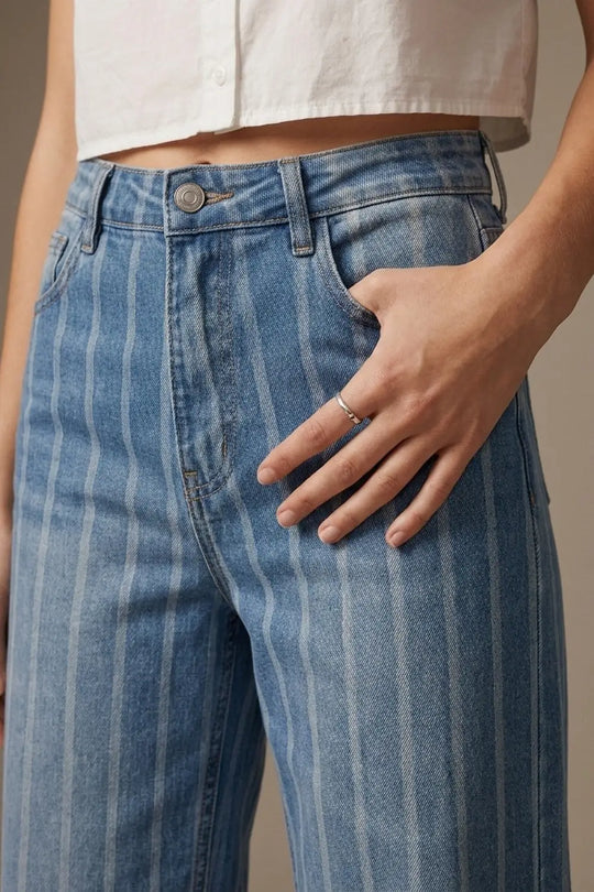 medium wash Blue Jeans with Stripe Design and Frayed Wide Leg