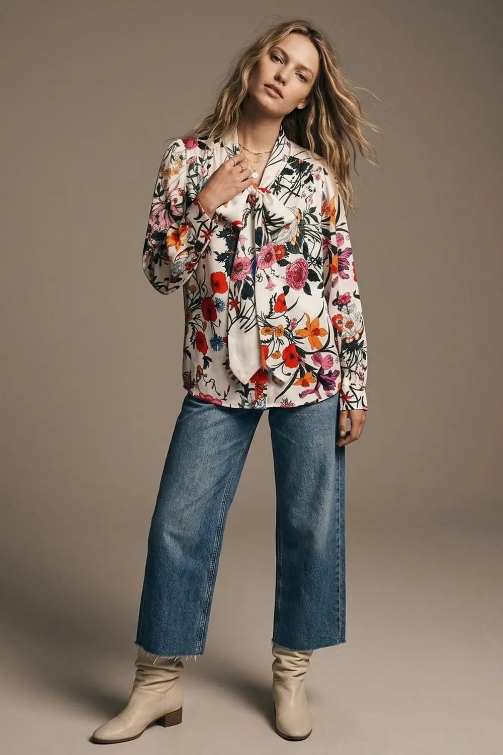 White Floral Print Satin Tie Neck Long Sleeve Blouse Top - Shirts