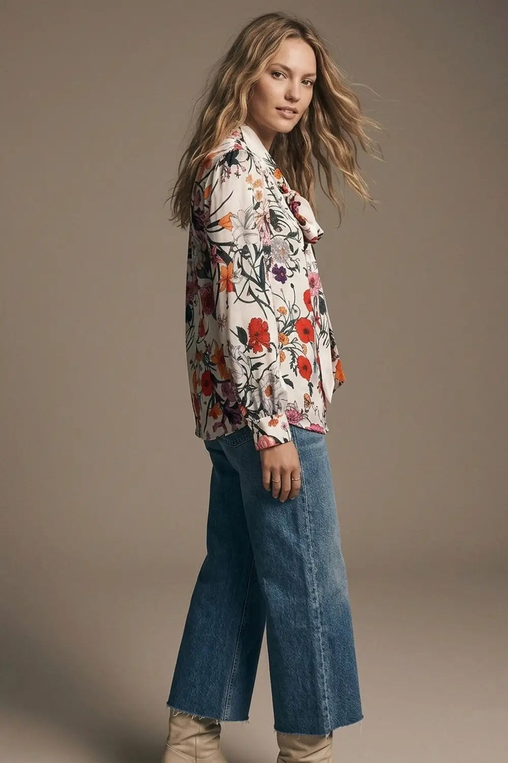 White Floral Print Satin Tie Neck Long Sleeve Blouse Top - Shirts