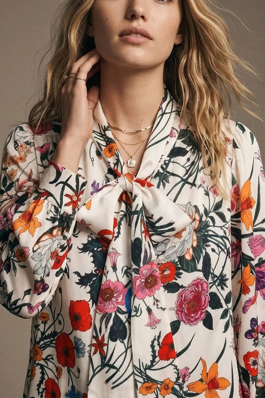 White Floral Print Satin Tie Neck Long Sleeve Blouse Top - Shirts