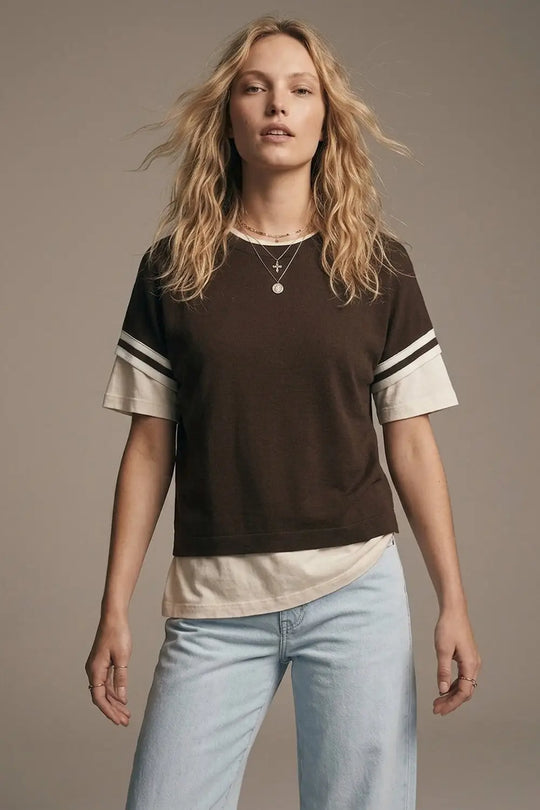 Brown Knit sweater with White Stripe Sleeve Detail - BROWN / ONE - Sweaters
