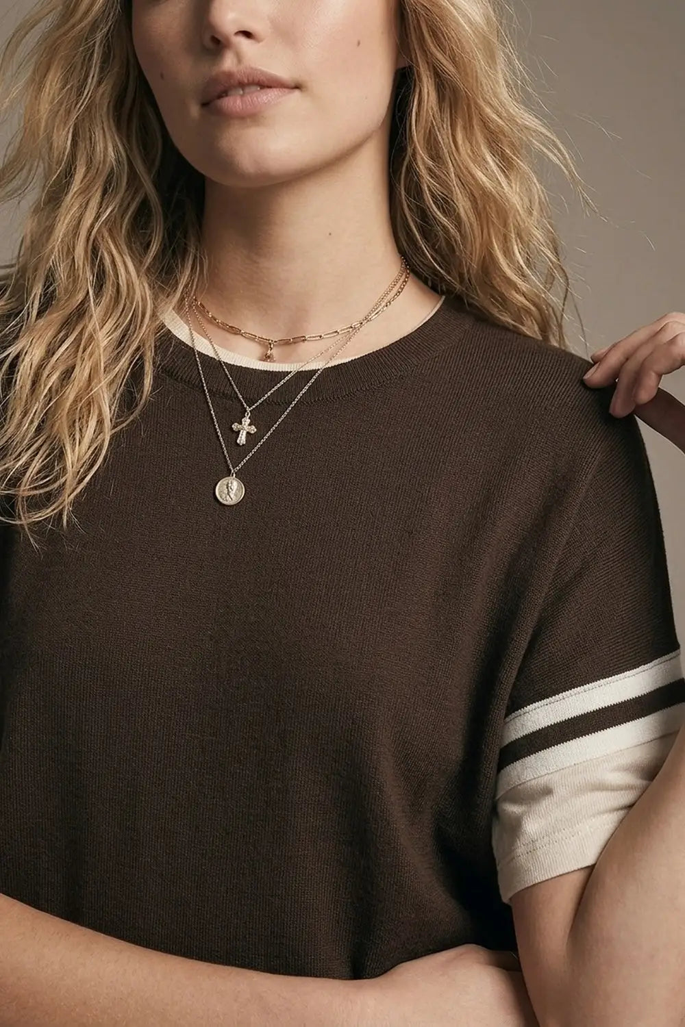 Brown Knit sweater with White Stripe Sleeve Detail - BROWN / ONE - Sweaters