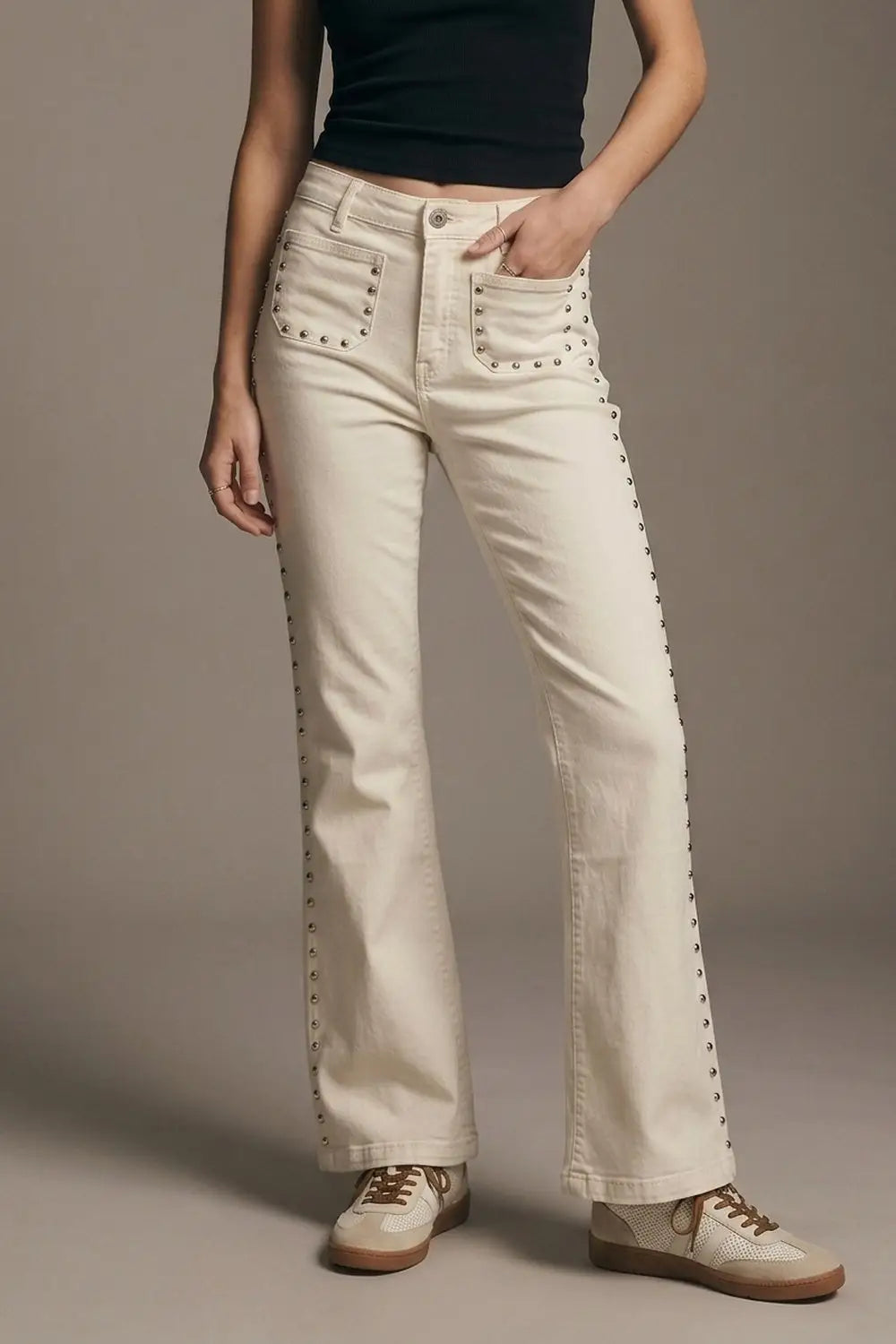 Cream Flared Jeans with Studded Trim Detail - Colored Jeans