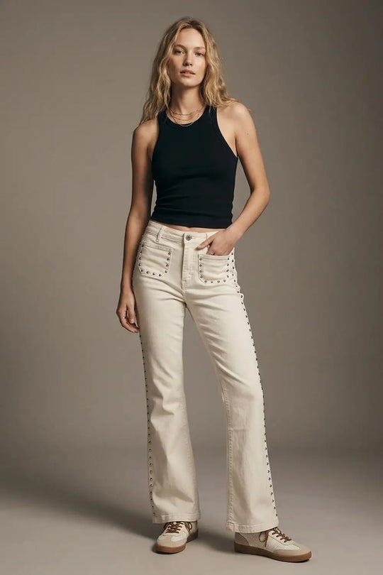 Cream Flared Jeans with Studded Trim Detail - Colored Jeans
