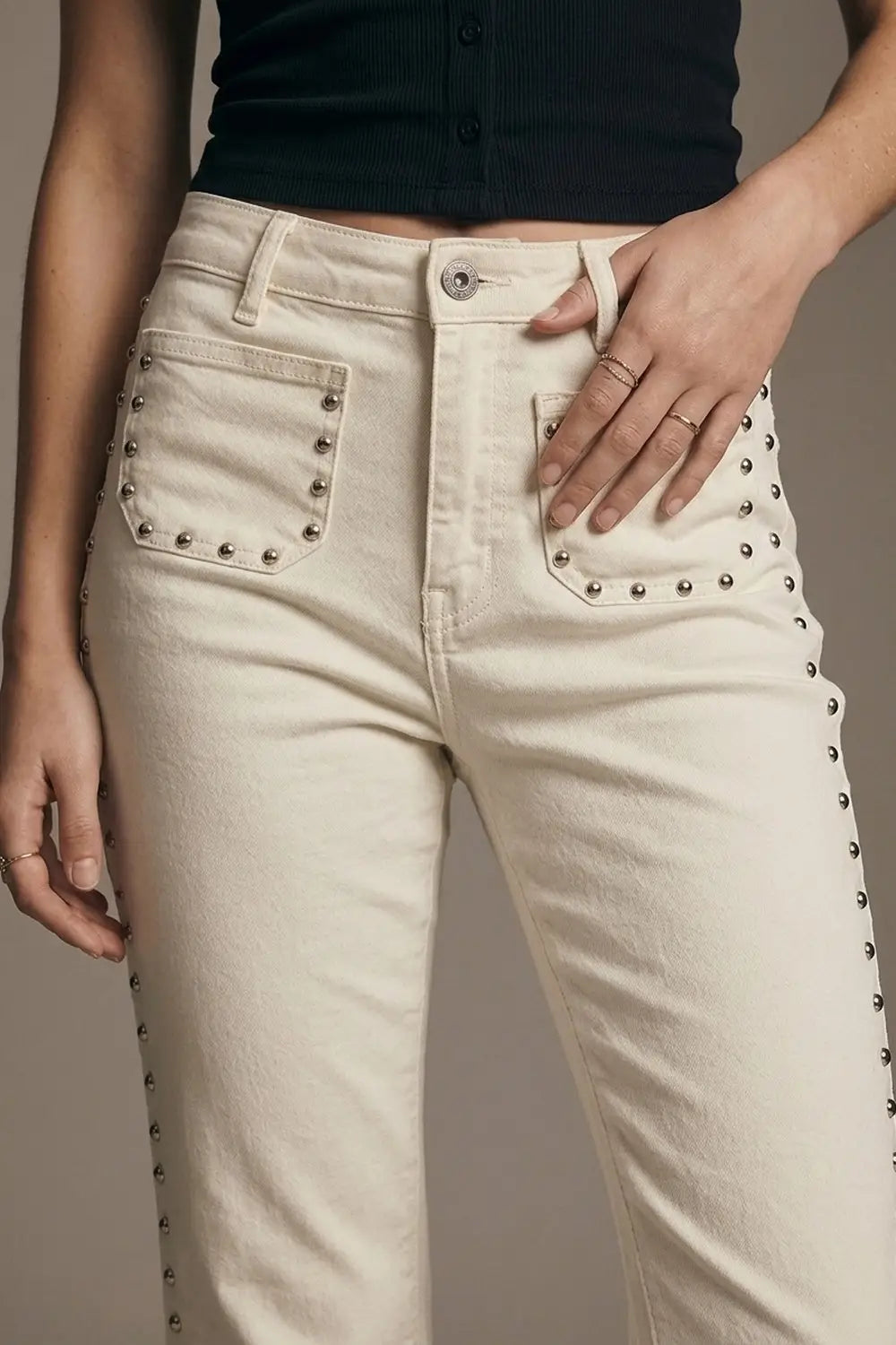 Cream Flared Jeans with Studded Trim Detail - Colored Jeans