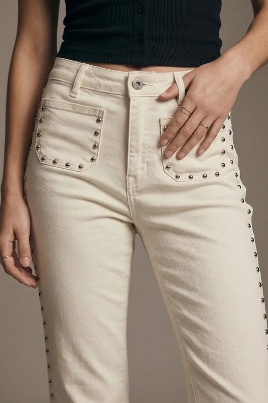 Cream Flared Jeans with Studded Trim Detail - Colored Jeans