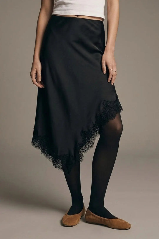 Black Satin Lace Trim Asymmetrical Midi Skirt - Skirts