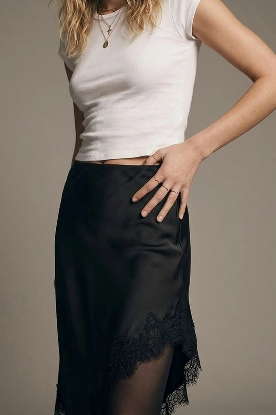 Black Satin Lace Trim Asymmetrical Midi Skirt - Skirts