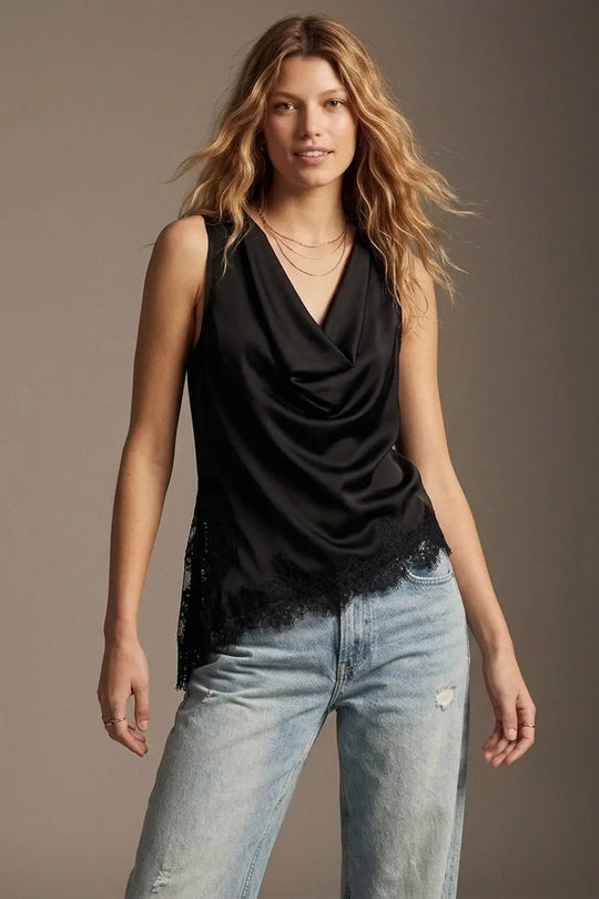Black Satin Lace Trim Asymmetric Hem Sleeveless Top - Tops