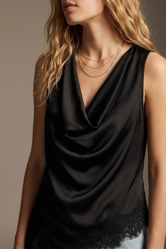 Black Satin Lace Trim Asymmetric Hem Sleeveless Top - Tops