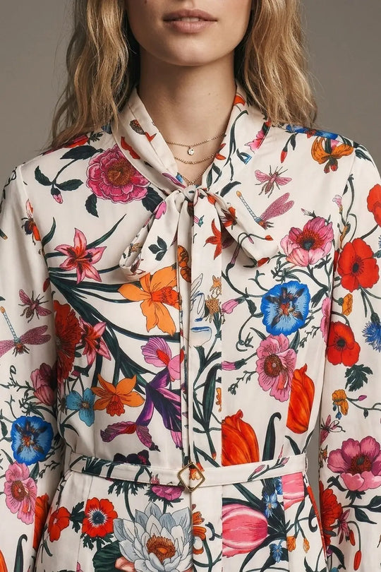 White Floral Print Lightweight Woven Belted Long Sleeve Mini Dress - Dresses