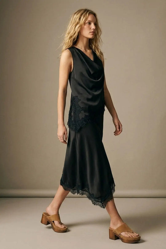 Black Satin Lace Trim Asymmetrical Midi Skirt - Skirts