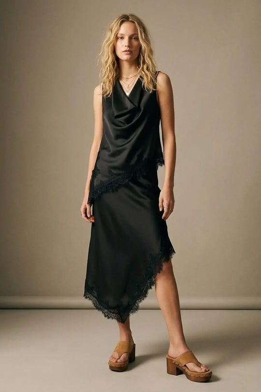 Black Satin Lace Trim Asymmetric Hem Sleeveless Top - Tops