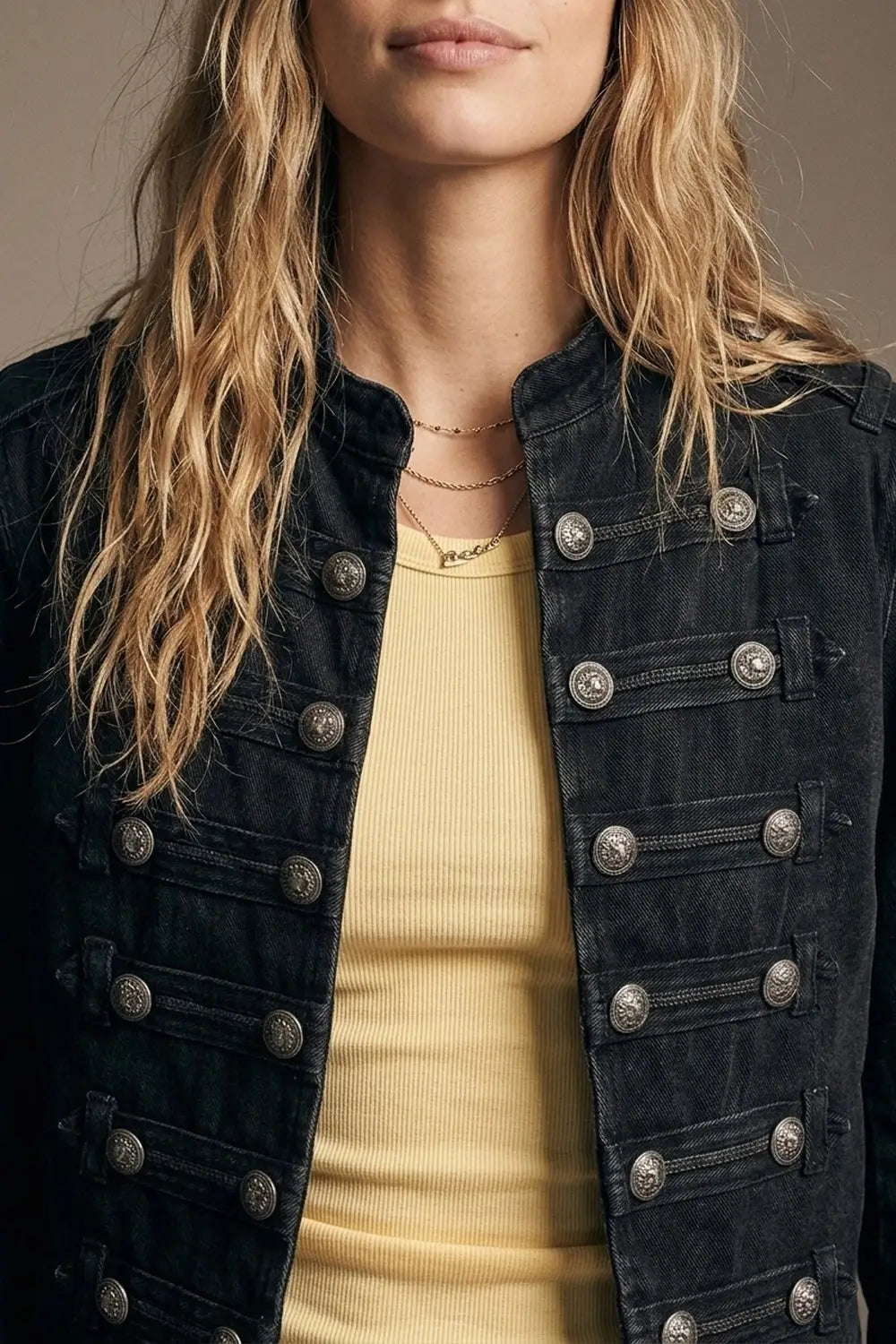 Black wash Officer Denim Jacket with Decorative Buttons - BLACK / ONE - Jackets