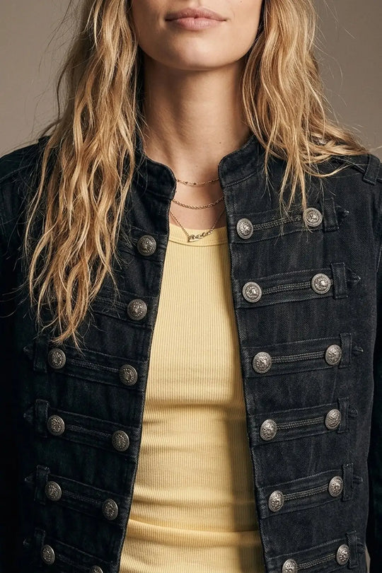 Black wash Officer Denim Jacket with Decorative Buttons - BLACK / ONE - Jackets