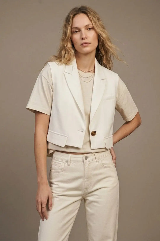 White Woven Tailored Shawl Lapel Single Button Cropped Vest - Jackets