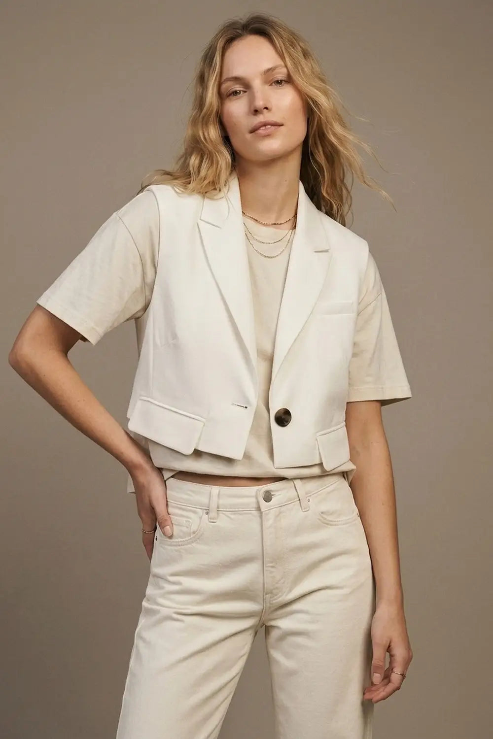White Woven Tailored Shawl Lapel Single Button Cropped Vest - Jackets