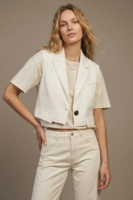 White Woven Tailored Shawl Lapel Single Button Cropped Vest - Jackets