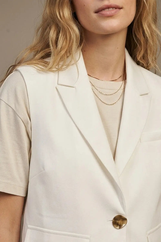 White Woven Tailored Shawl Lapel Single Button Cropped Vest - Jackets