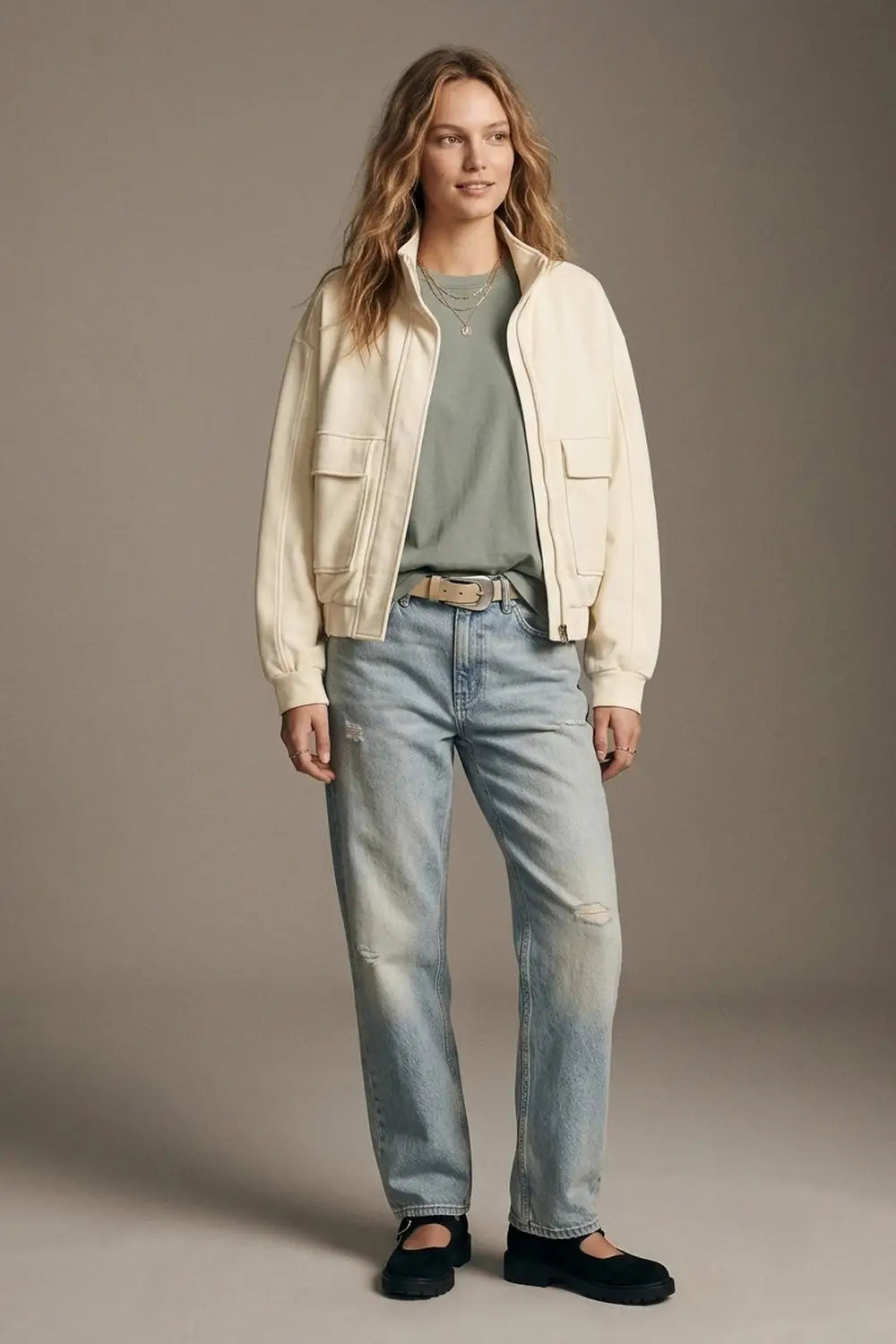 Cream viscose High Collar Pocket Front Relaxed Fit Bomber Jacket - Jackets