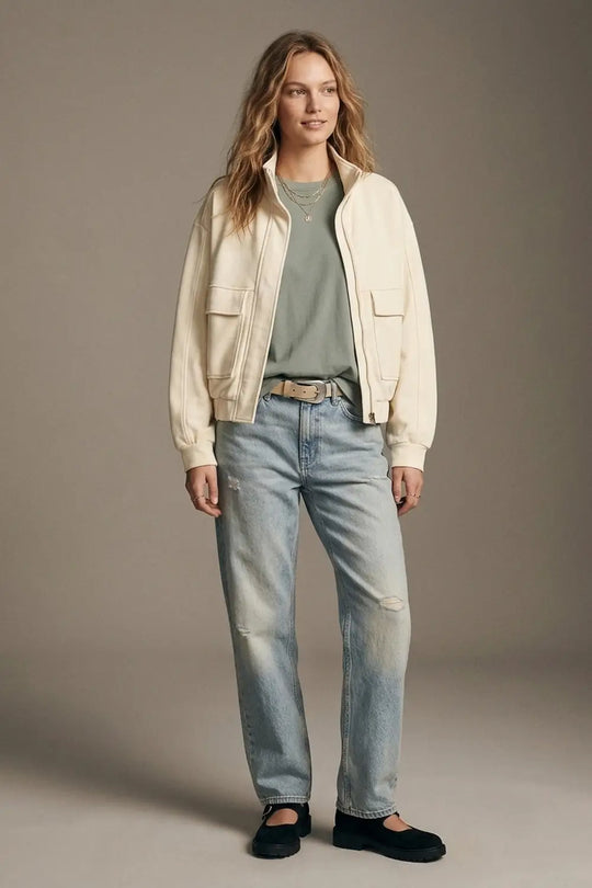 Cream viscose High Collar Pocket Front Relaxed Fit Bomber Jacket - Jackets