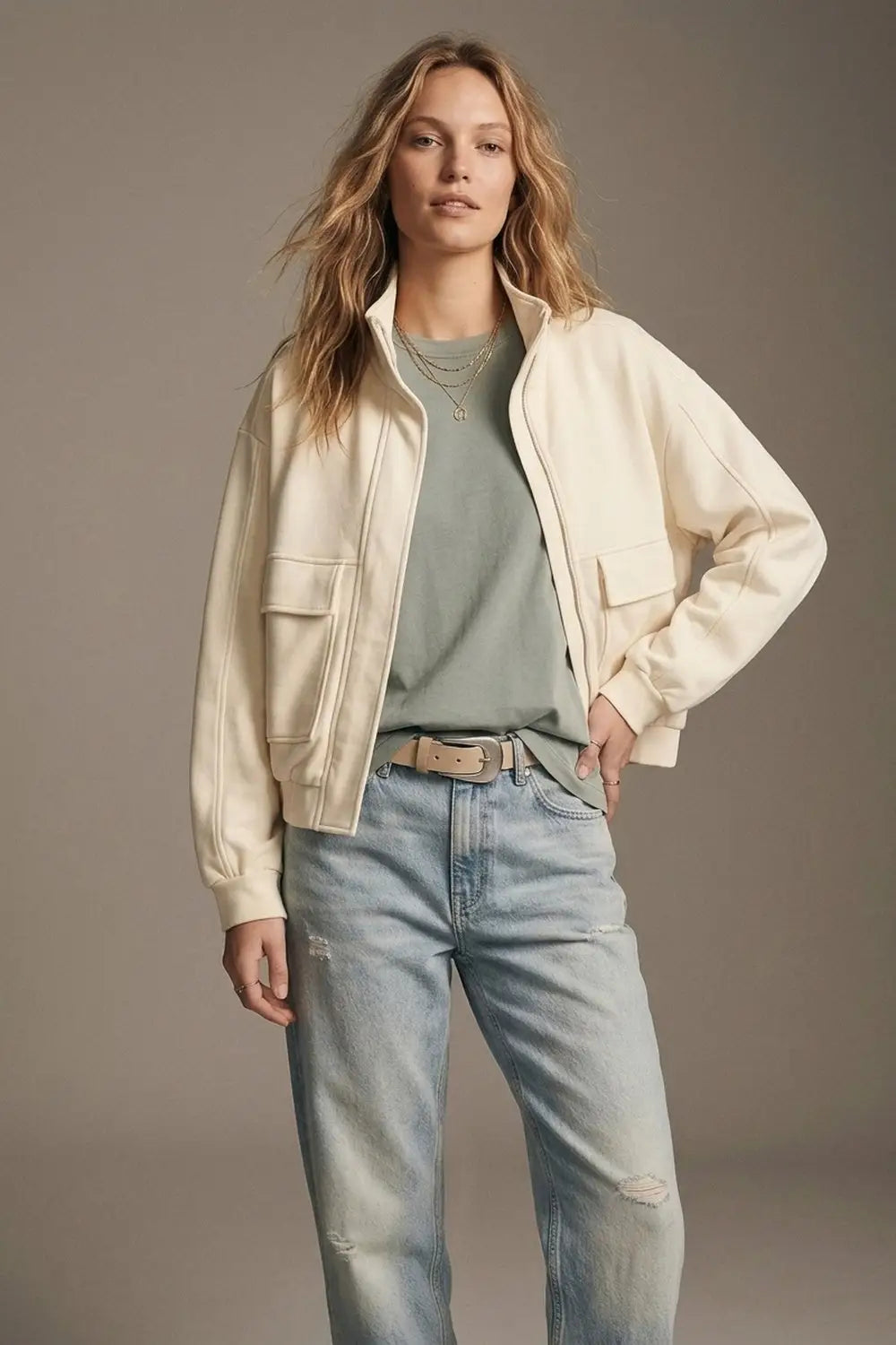 Cream viscose High Collar Pocket Front Relaxed Fit Bomber Jacket - Jackets